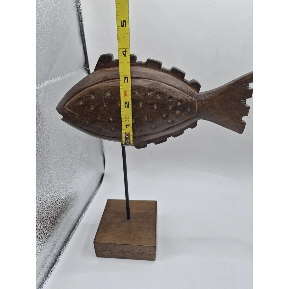Wooden Hand Carved Fish On A Pedestal Portofino Rustic Coastal Decor